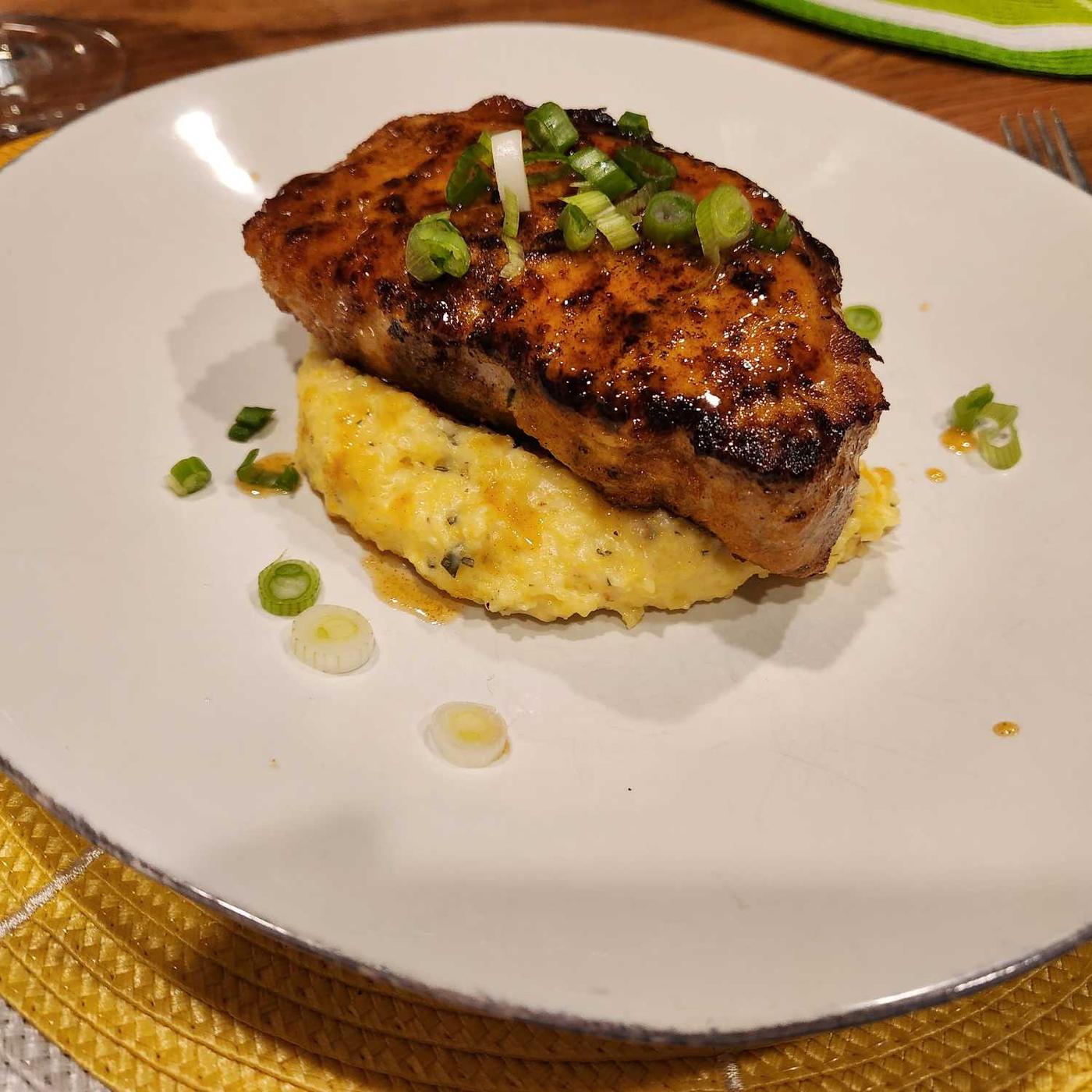 Honey Mustard Pretzel Crusted Pork Chops with Polenta by Kim Peterson